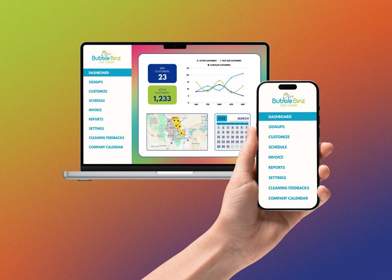Bubble Binz operations dashboard on a laptop and mobile app