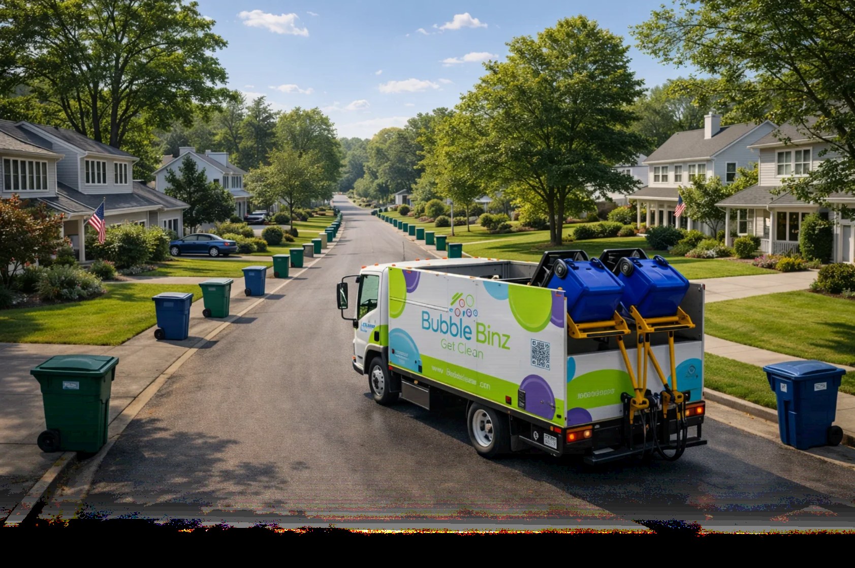Bubble Binz truck cleaning trash bins along a suburban street