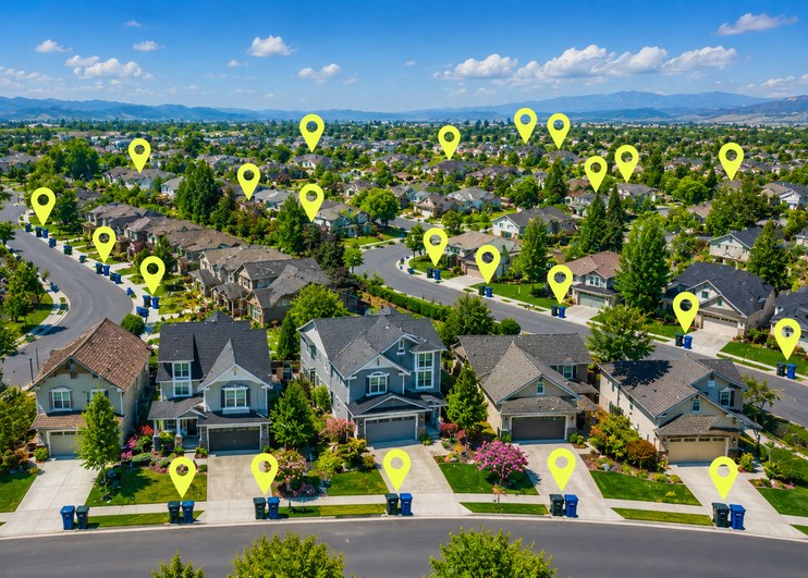 Aerial view of a neighborhood with service pins on every home