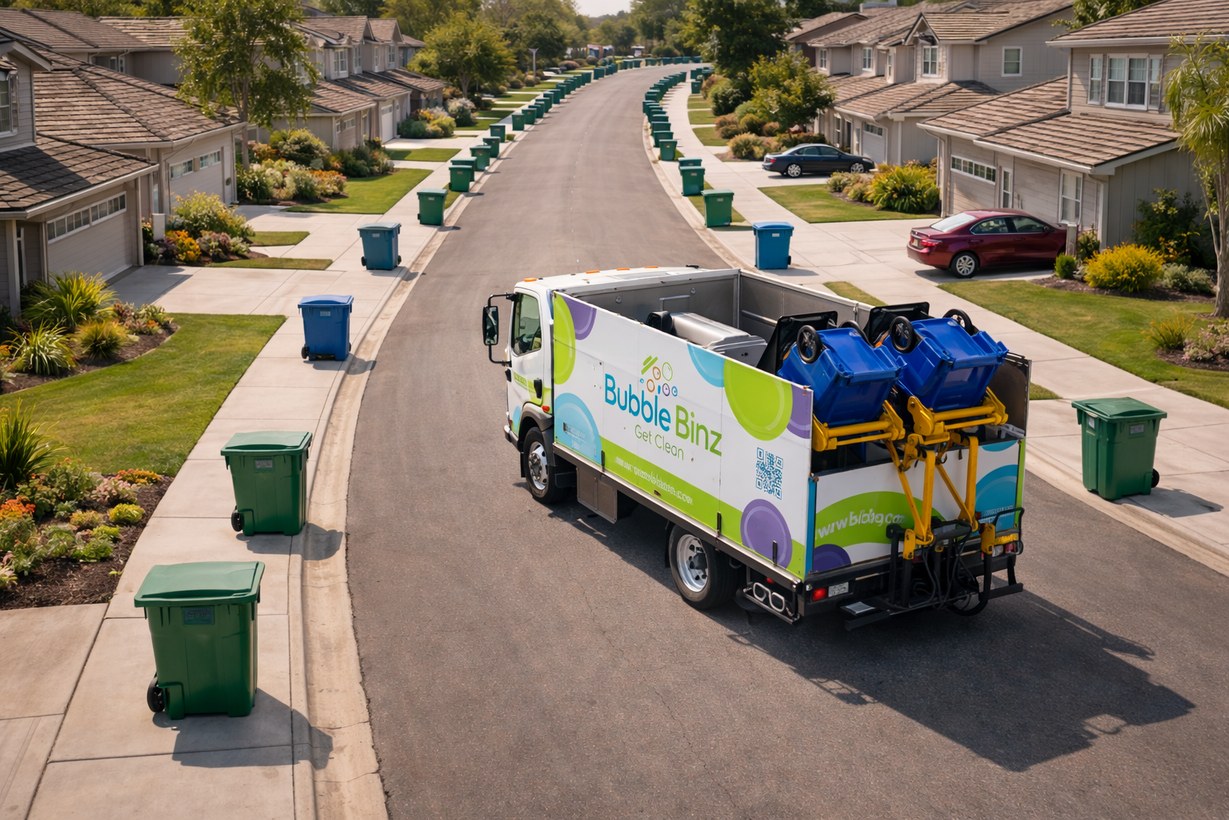 Bubble Binz truck servicing bins along a suburban street